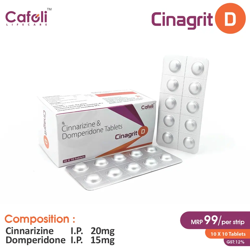 Domperidone (15mg) + Cinnarizine (20mg) Tablet at Best Price in PCD Pharma Franchise for Nausea Relief and Motion Sickness.